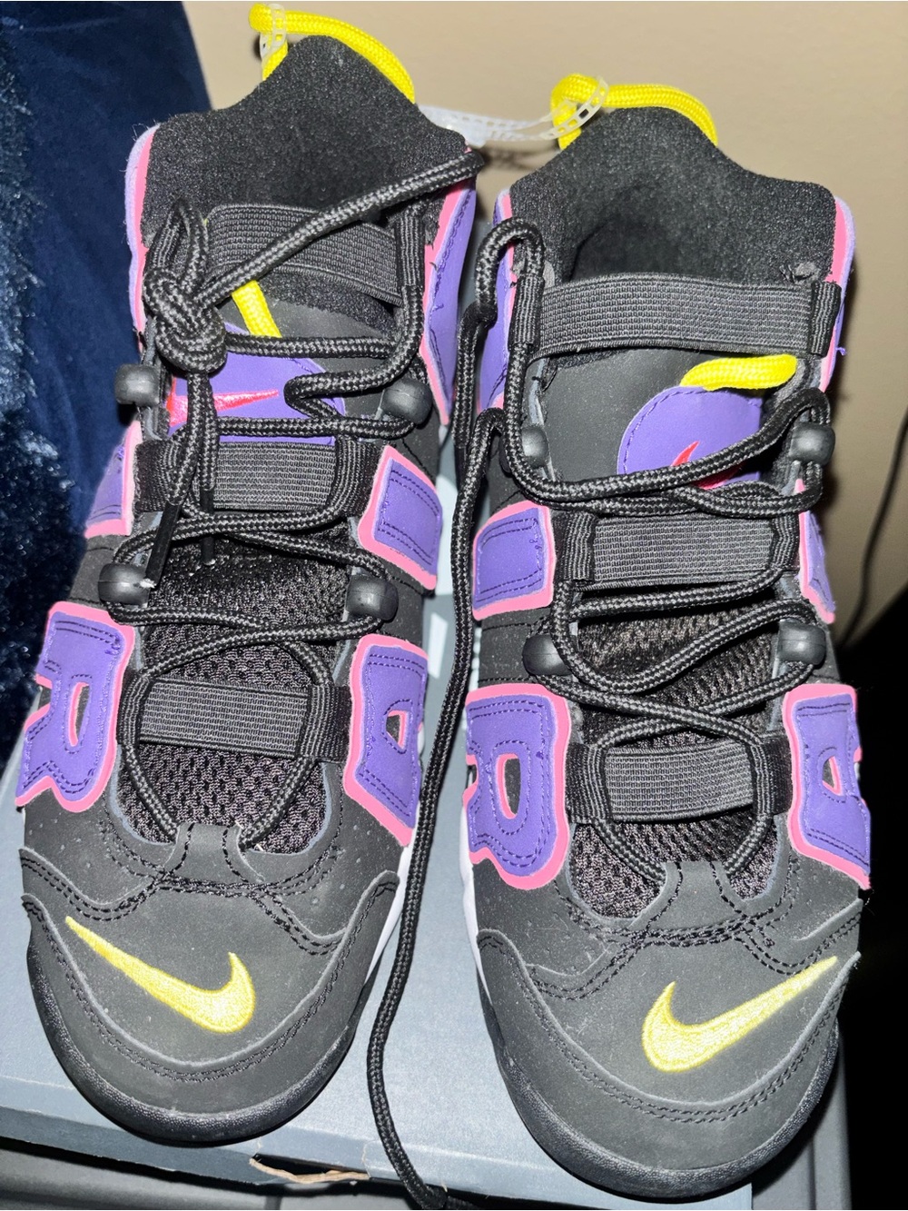 Nike Black Sneakers Purple, Pink and Yellow Uptempo size 5.5 Y girls . Brand new